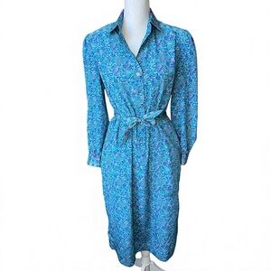 Vintage 80’e Blue Floral belted midi dress Womens size 8 collared button down